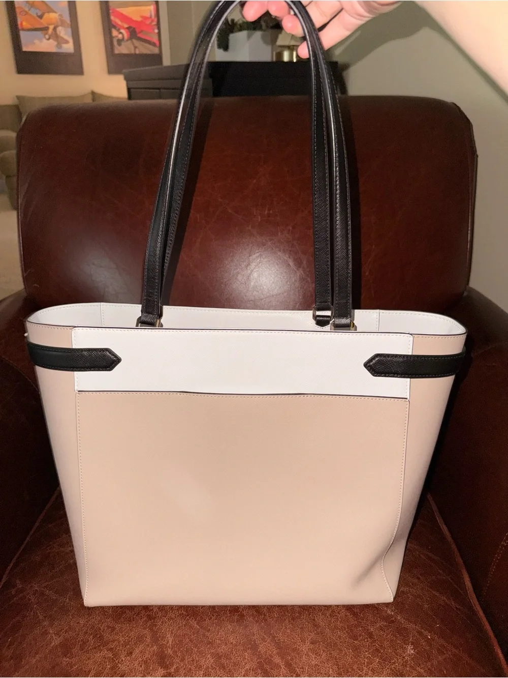 kate spade Pink and White Leather Top-Handle Tote with Black Trim